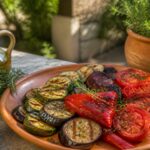 Accompagnement barbecue : légumes grillés provençaux et salade sur table de jardin ensoleillée