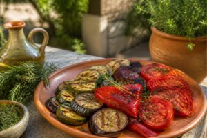 Accompagnement barbecue : légumes grillés provençaux et salade sur table de jardin ensoleillée