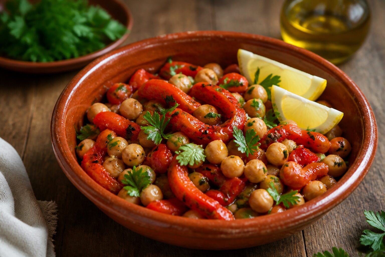 Légumes accompagnement barbecue : salade de pois chiches aux poivrons rôtis et herbes fraîches sur table en bois