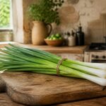 Ciboule fraiche en botte sur une planche de bois rustique