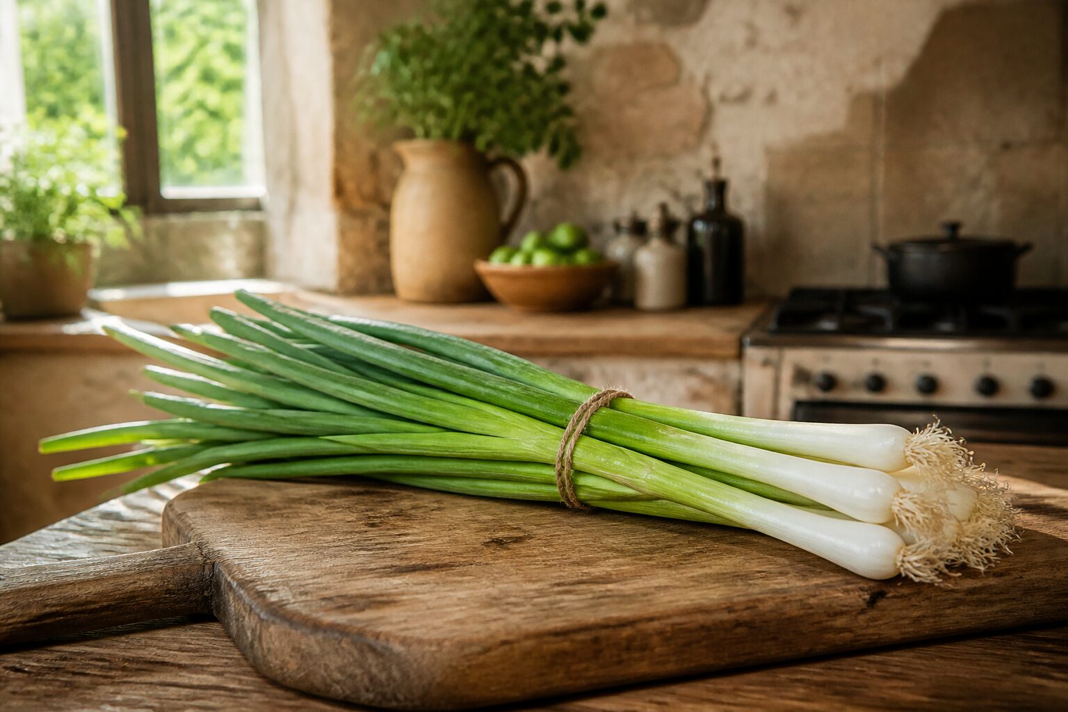 Ciboule fraiche en botte sur une planche de bois rustique
