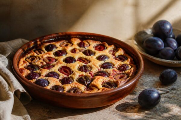 Clafoutis aux prunes dore et moelleux dans un plat en terre cuite, prunes violettes noyees dans la pate cremeuse, lumiere provencale chaude