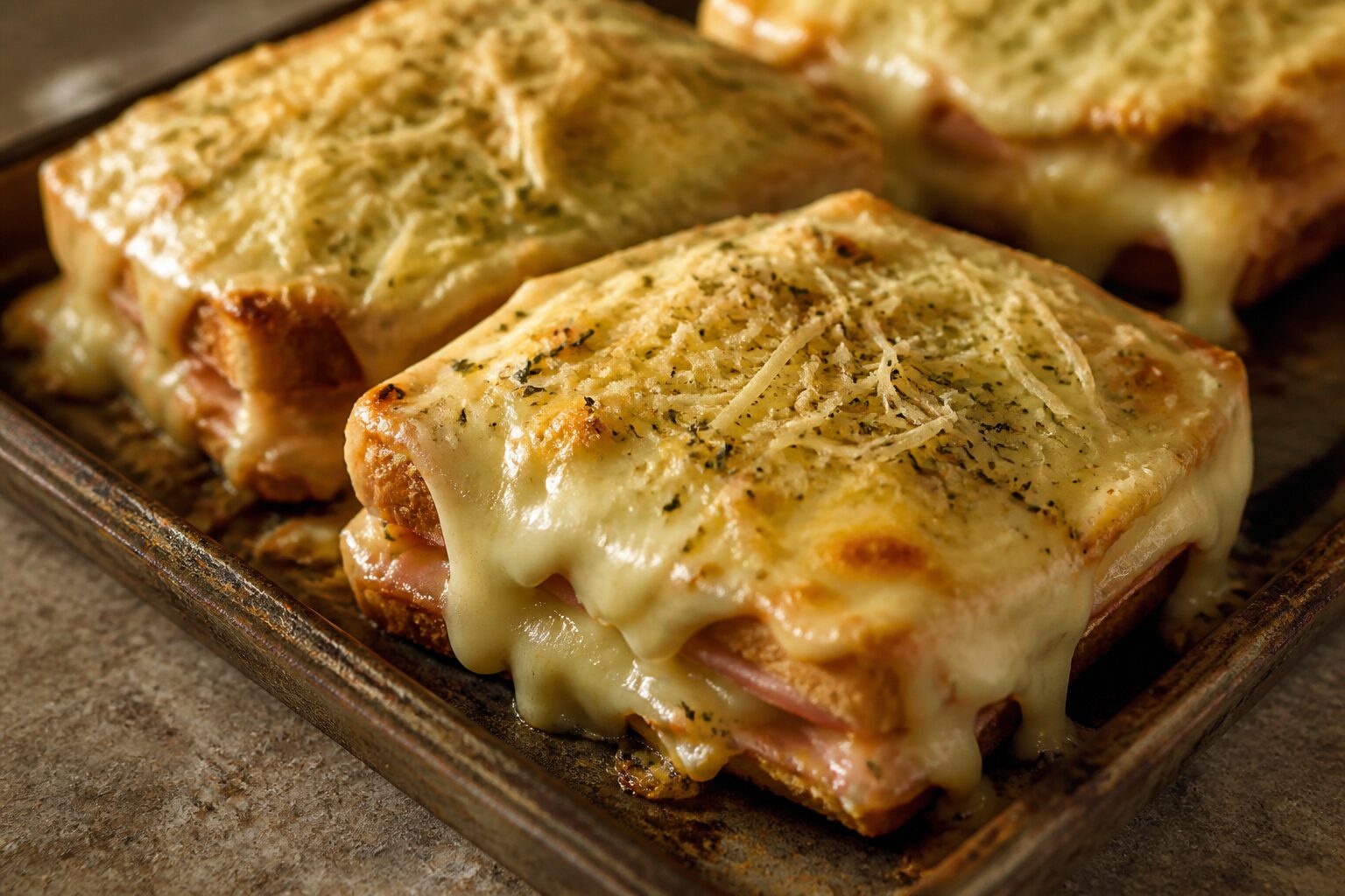 Béchamel aux herbes de Provence nappée sur des croque-monsieur prêts à enfourner, comté râpé parsemé, plaque de cuisson rustique sur fond chaud
