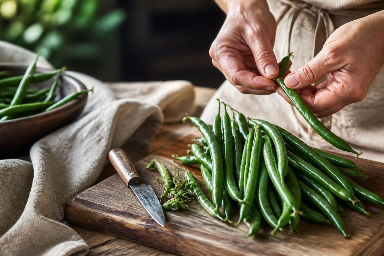 Temps de cuisson haricots verts à la vapeur : mains équeutant des haricots verts frais sur planche en bois