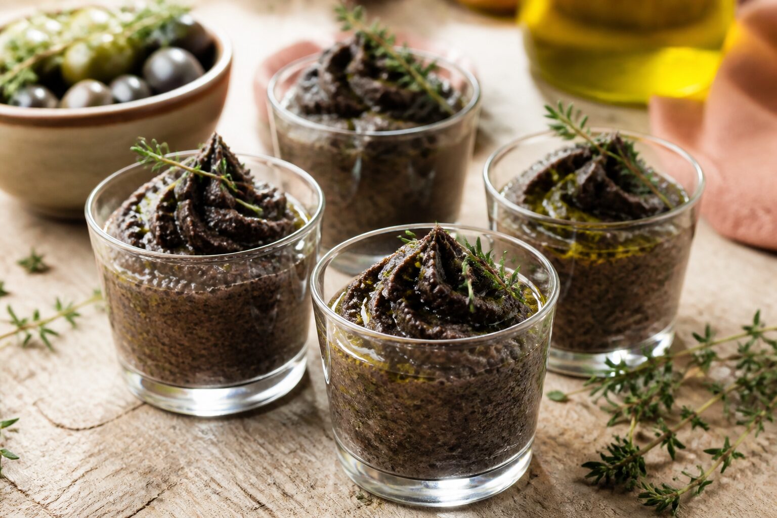 Entrée facile et chic froide : mousse de tapenade en verrines et rillettes de thon présentées en coupelles sur table en bois