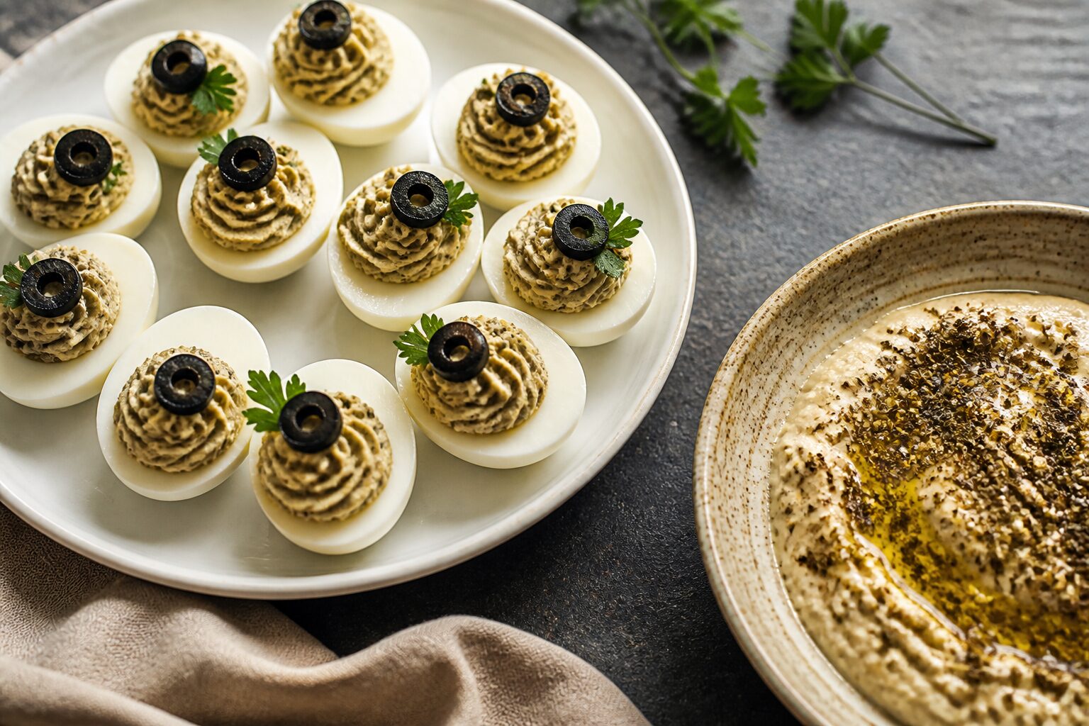 Entrée simple et bluffante : œufs mimosa à la tapenade et crème de pois chiches au zaatar dressés sur assiette blanche