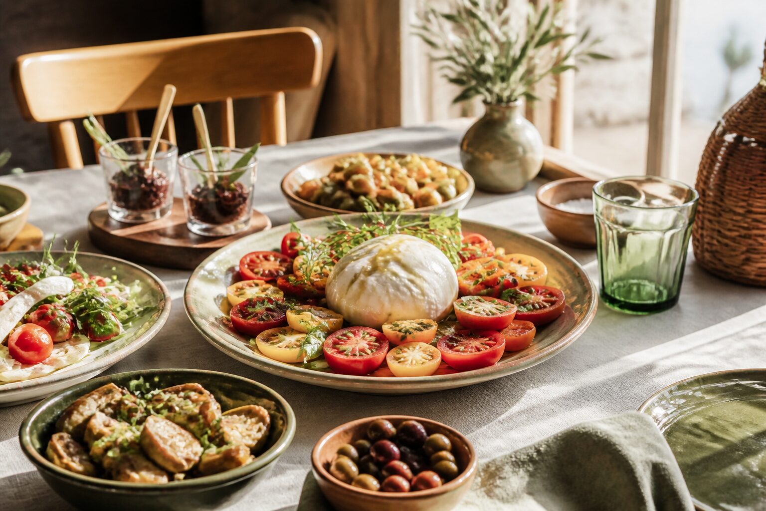 Entrée simple et bluffante : table provençale avec burrata, verrines de tapenade et petites entrées méditerranéennes