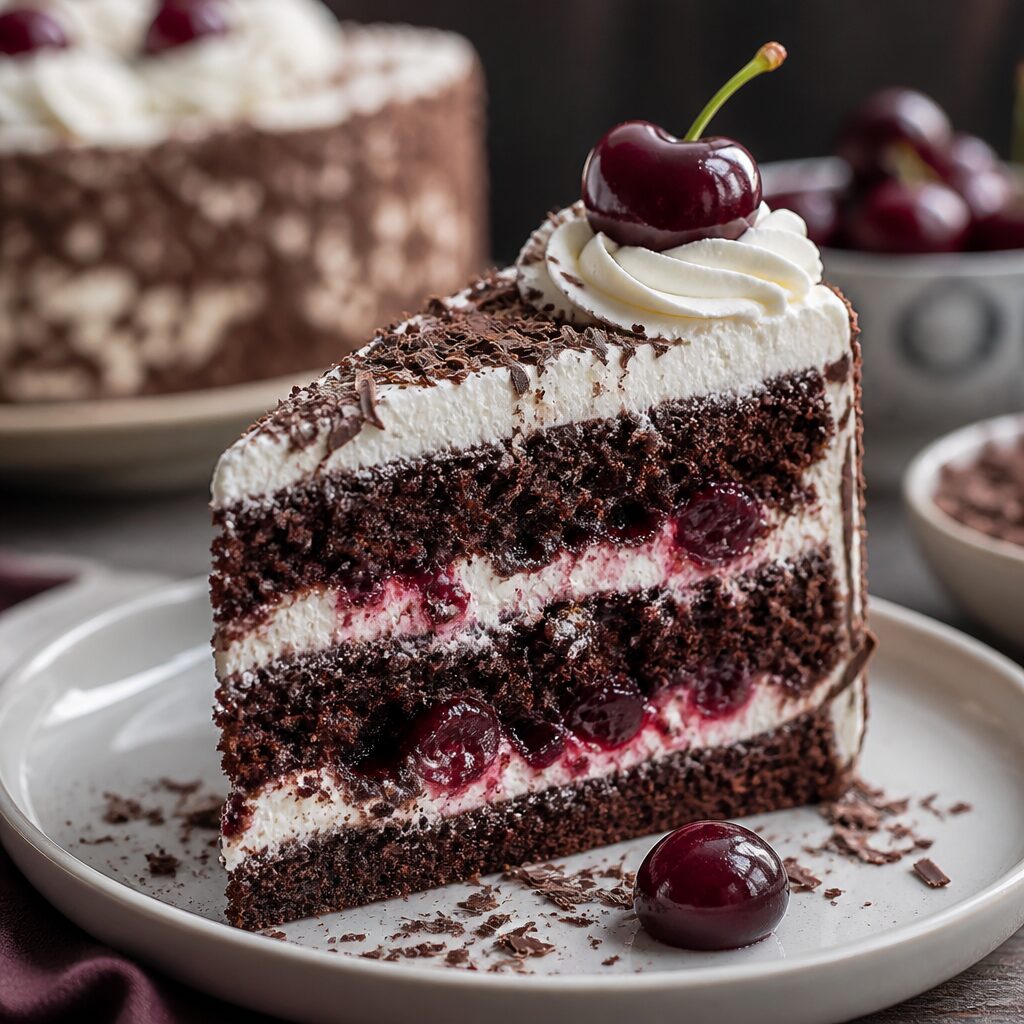 Coupe de forêt noire montrant les couches génoise chocolat, chantilly et cerises kirsch