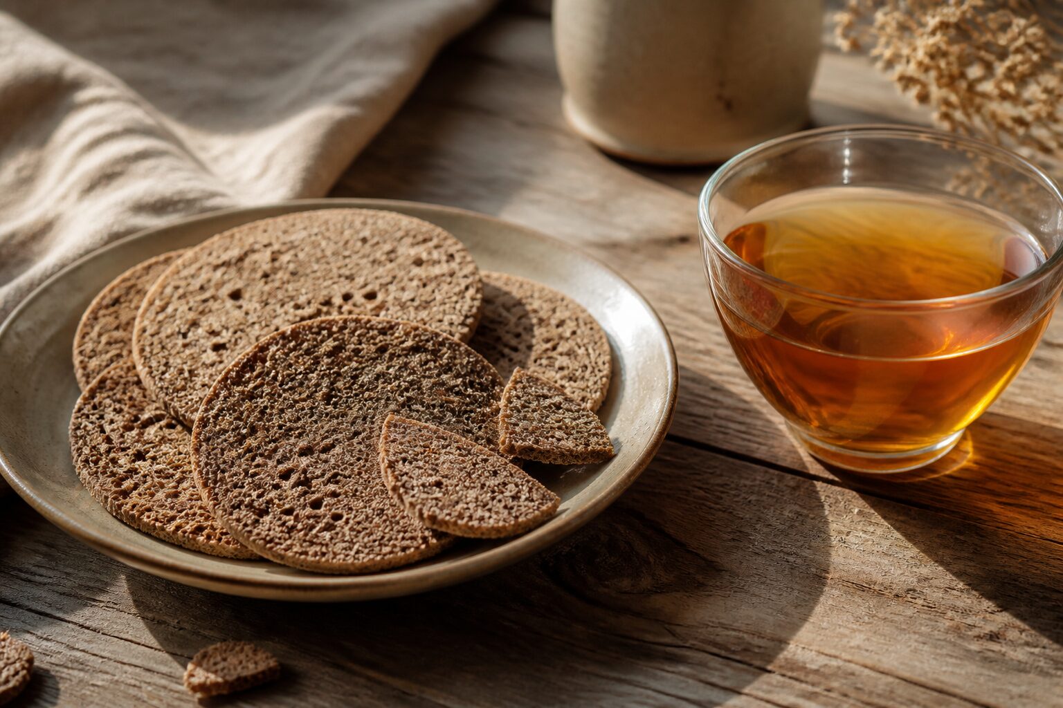 Gros plan sur des galettes de sarrasin et un Thé LU posés sur une table en bois, lumière de fenêtre latérale douce et chaude