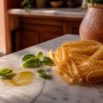 Mafaldine crues aux bords ondulés sur marbre avec basilic et huile d'olive