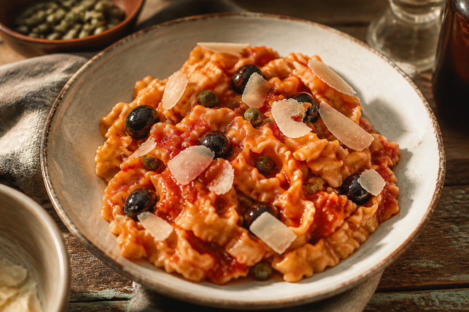 Assiette de pâtes mafaldine à la sauce tomate méditerranéenne avec olives noires et câpres