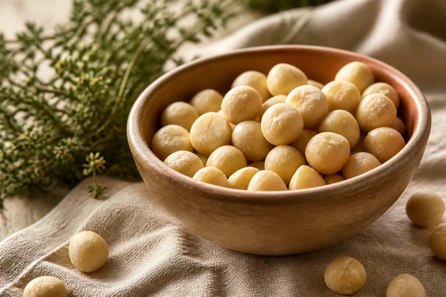 Bol de noix de macadamia décortiquées sur un linge en lin, avec des herbes de Provence