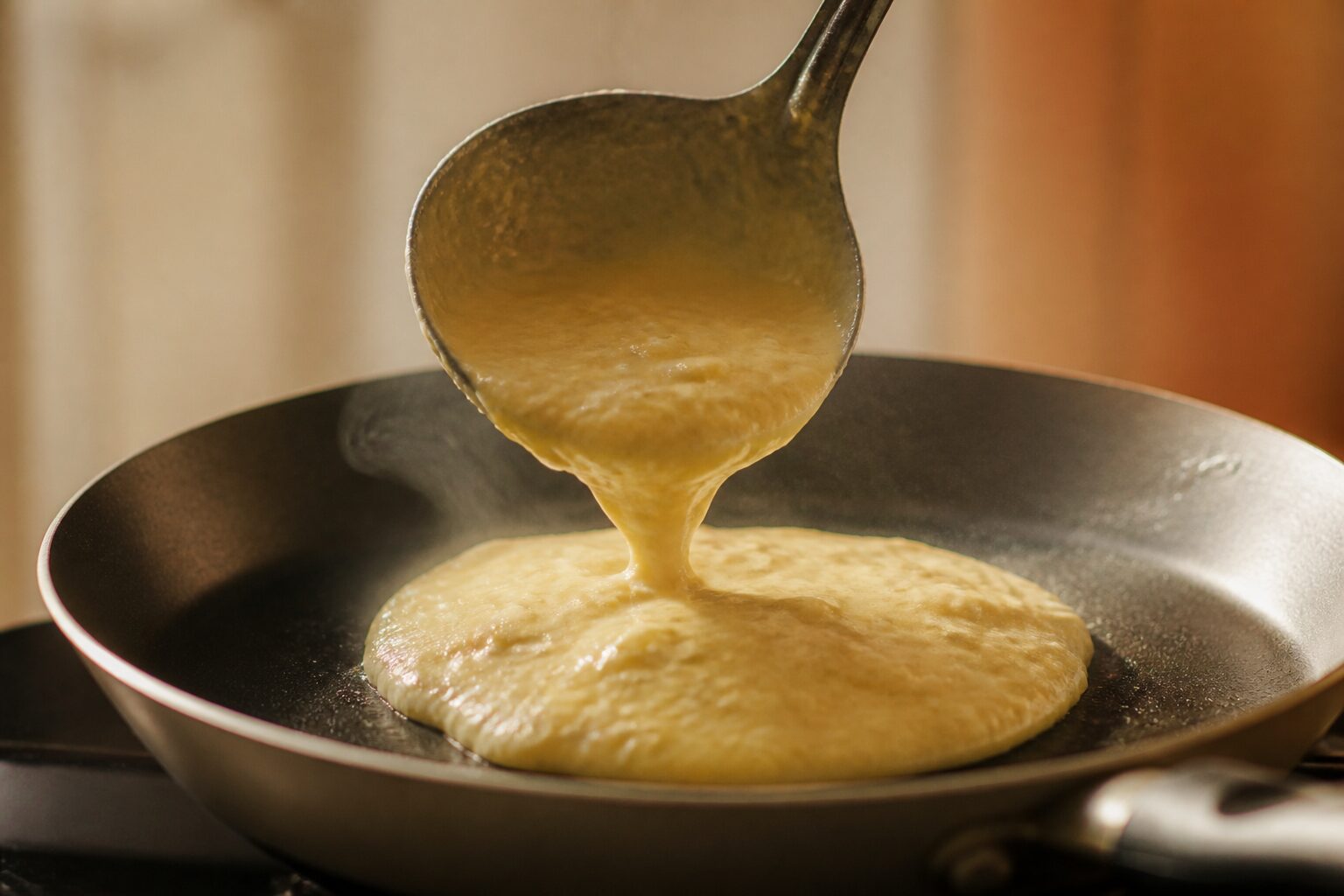 Recette pancakes banane healthy, pâte versée dans la poêle, cuisson dorée