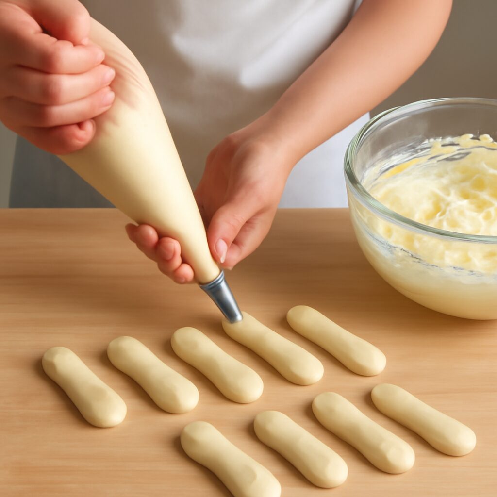 Mains pochant la pâte à biscuit cuillère pour tiramisu sur plan de travail bois clair