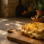 Un croque-monsieur dore et gratine sorti du four bechamel doree et comte fondu sur une planche en bois dans une cuisine chaleureuse du Sud