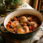 Recette facile : poulet provençal doré aux tomates et herbes de Provence dans une cocotte en fonte