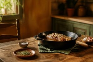 Filet mignon de porc en sauce crème champignons dans une cocotte provençale