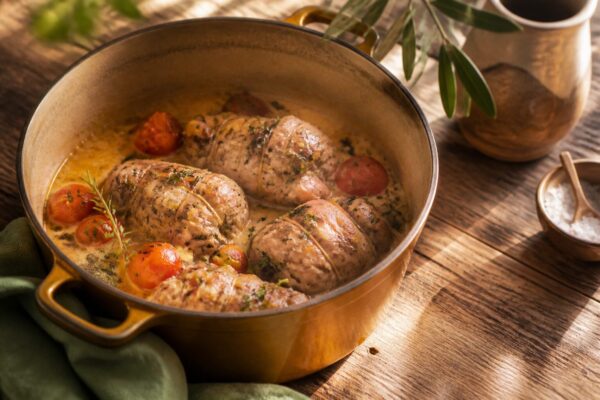 Paupiettes de veau mijotées en cocotte, sauce dorée aux herbes de Provence