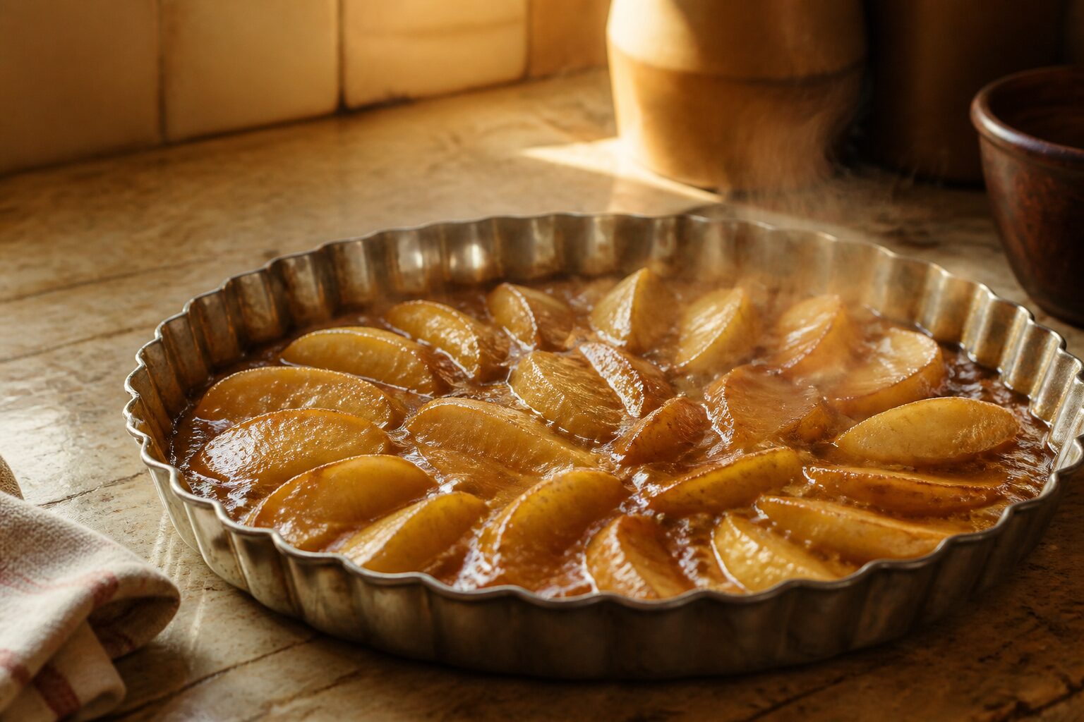 Quartiers de pommes tatin caramelisant dans le moule