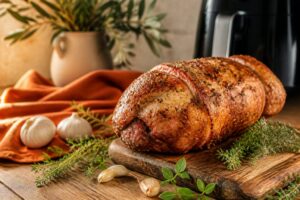 Roti de porc air fryer dore aux herbes de Provence sur planche en bois rustique