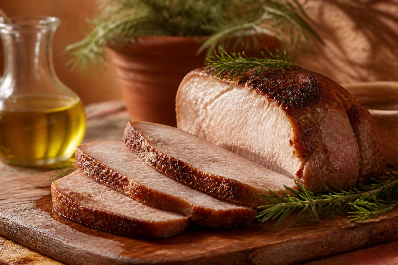 Tranches de roti de porc air fryer juteuses avec huile d'olive et romarin