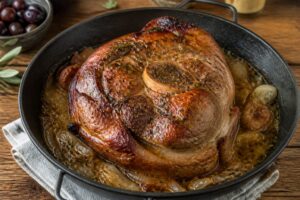 Rouelle de porc au four doree et fondante sur lit d oignons aux herbes de Provence