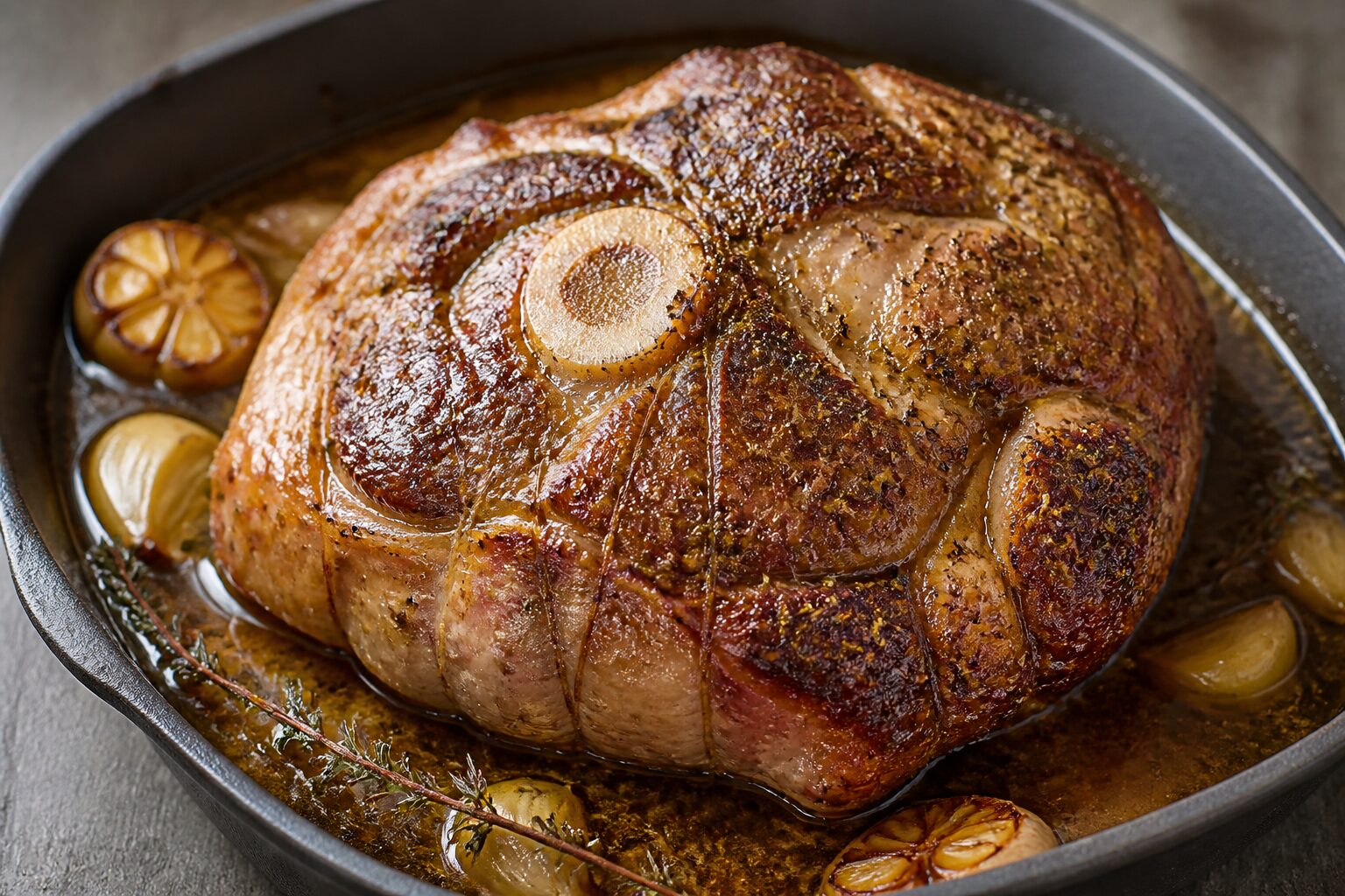 Rouelle de porc au four en cuisson lente, jus doré aux herbes de Provence