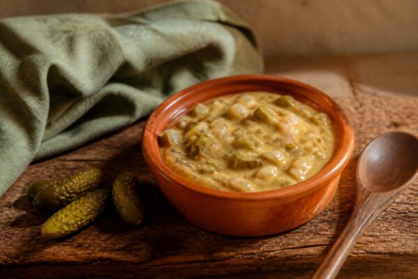 Sauce biggy maison crémeuse dans un bol en terre cuite avec cornichons
