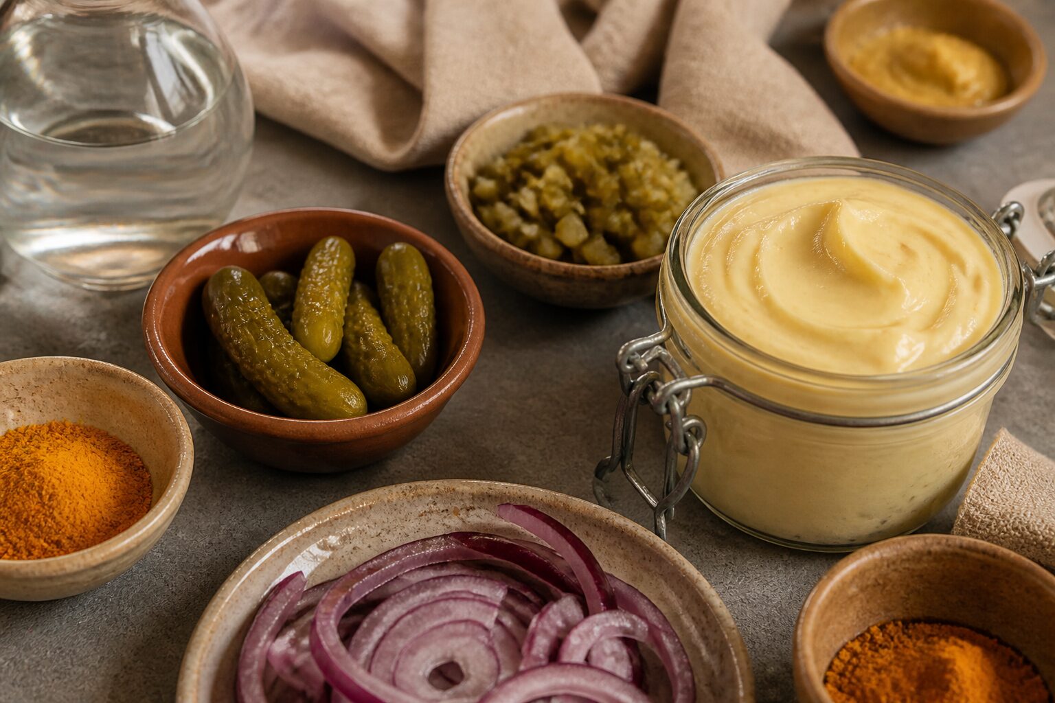 Sauce biggy recette : ingrédients mayonnaise cornichons curcuma oignon disposés sur plan de travail