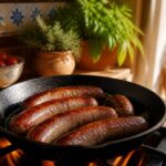 Saucisses de Toulouse dorées dans une poêle en fonte, lumière naturelle latérale, cuisine du Sud chaleureuse