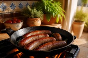 Saucisses de Toulouse dorées dans une poêle en fonte, lumière naturelle latérale, cuisine du Sud chaleureuse