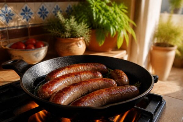 Saucisses de Toulouse dorées dans une poêle en fonte, lumière naturelle latérale, cuisine du Sud chaleureuse
