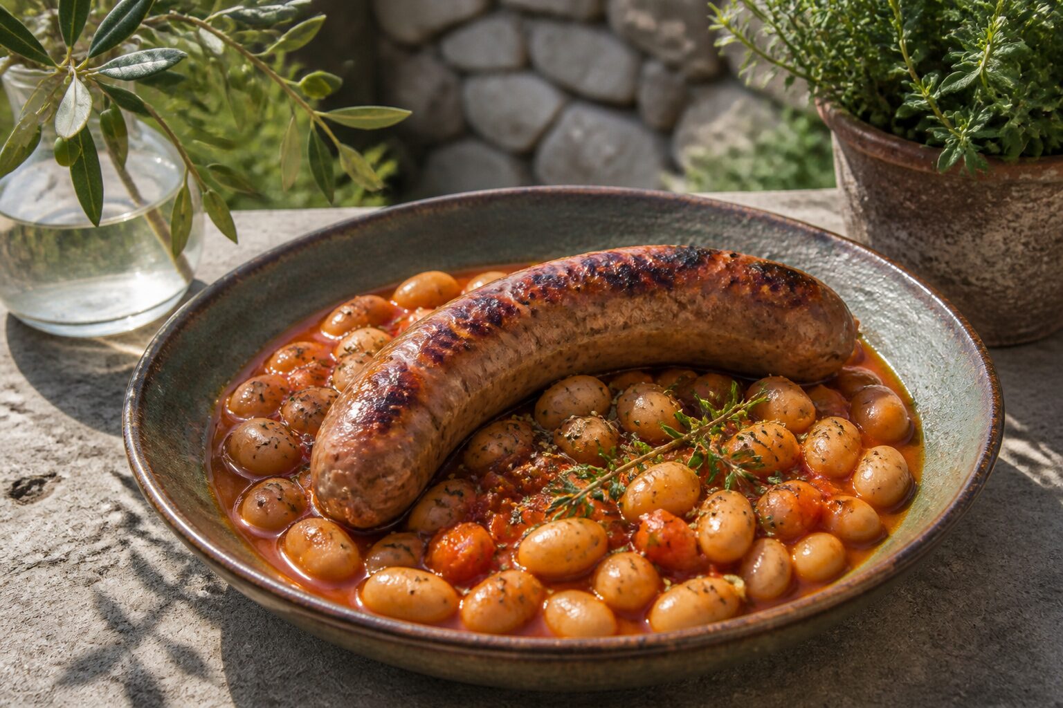 Saucisse de Toulouse grillée avec haricots blancs à la tomate, herbes de Provence, table de jardin provençale en lumière naturelle