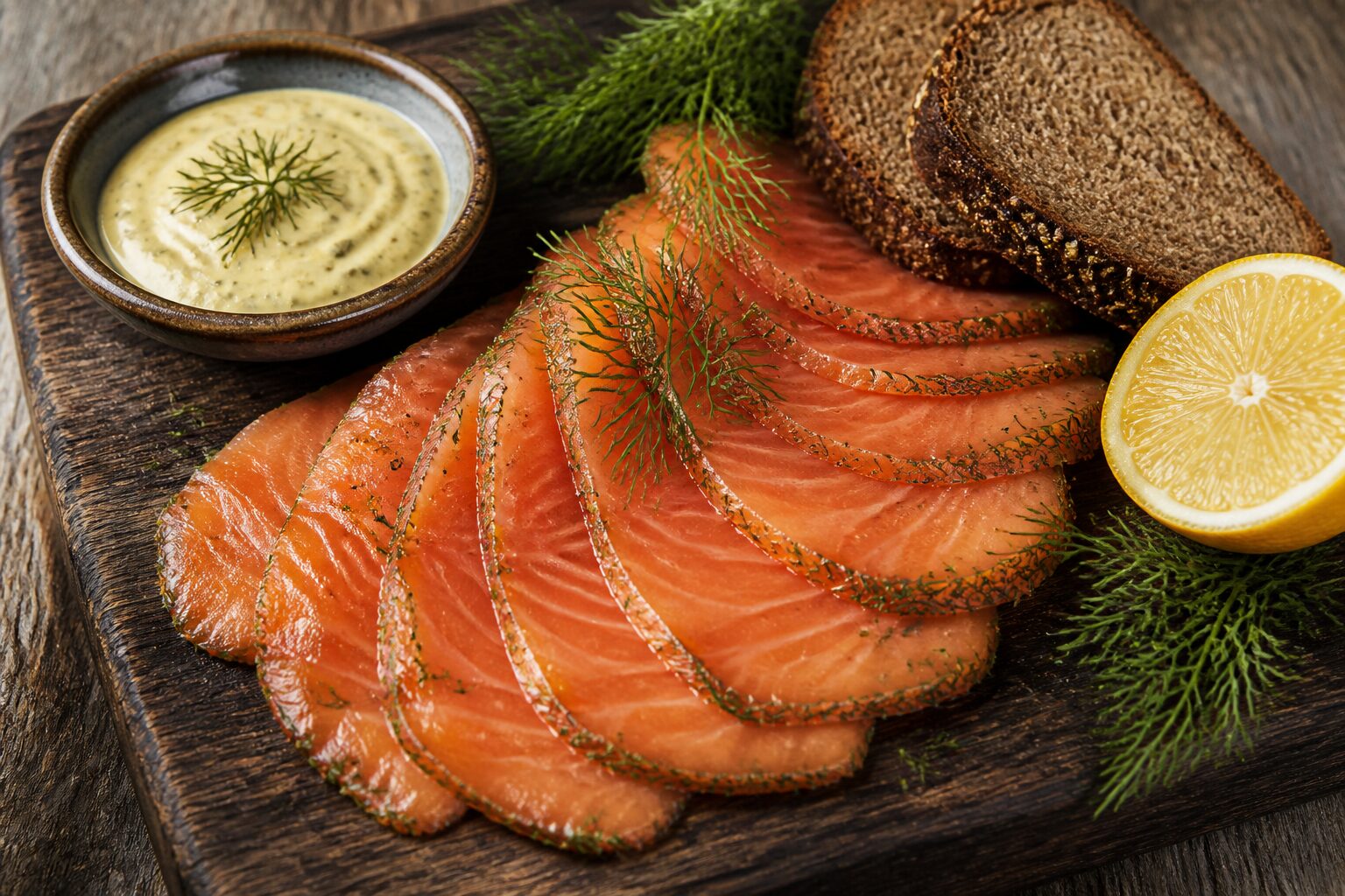 Tranches de saumon gravlax en éventail sur planche rustique avec sauce à l’aneth dans un bol, pain de seigle et citron