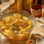 Soupe de champagne au Cointreau dans un saladier en verre, flûtes dorées et citrons sur nappe terracotta, lumière chaude de fenêtre