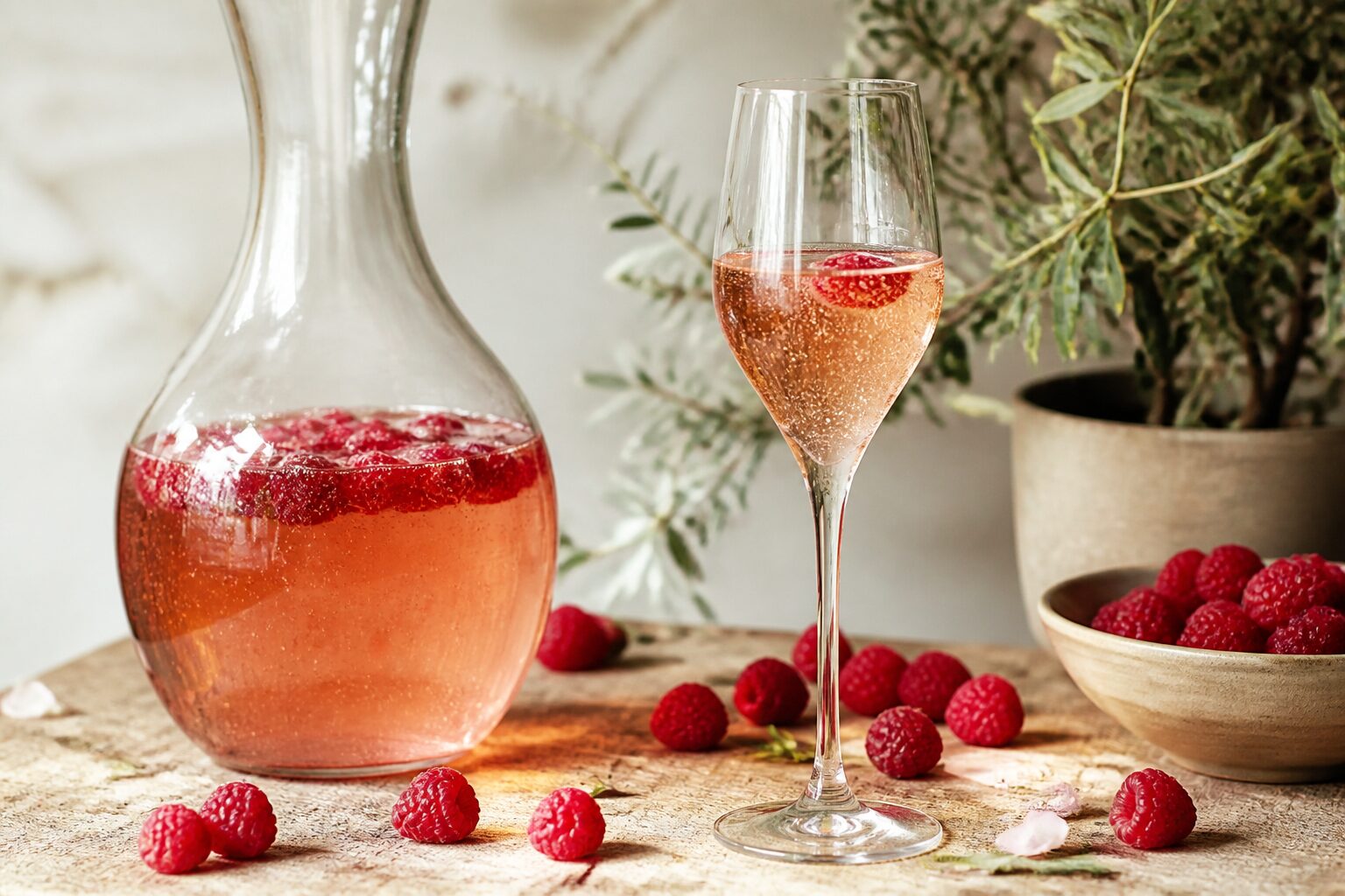 Variante de soupe de champagne aux framboises dans une carafe, coupe rosée et framboises fraîches, fond de table en chêne clair