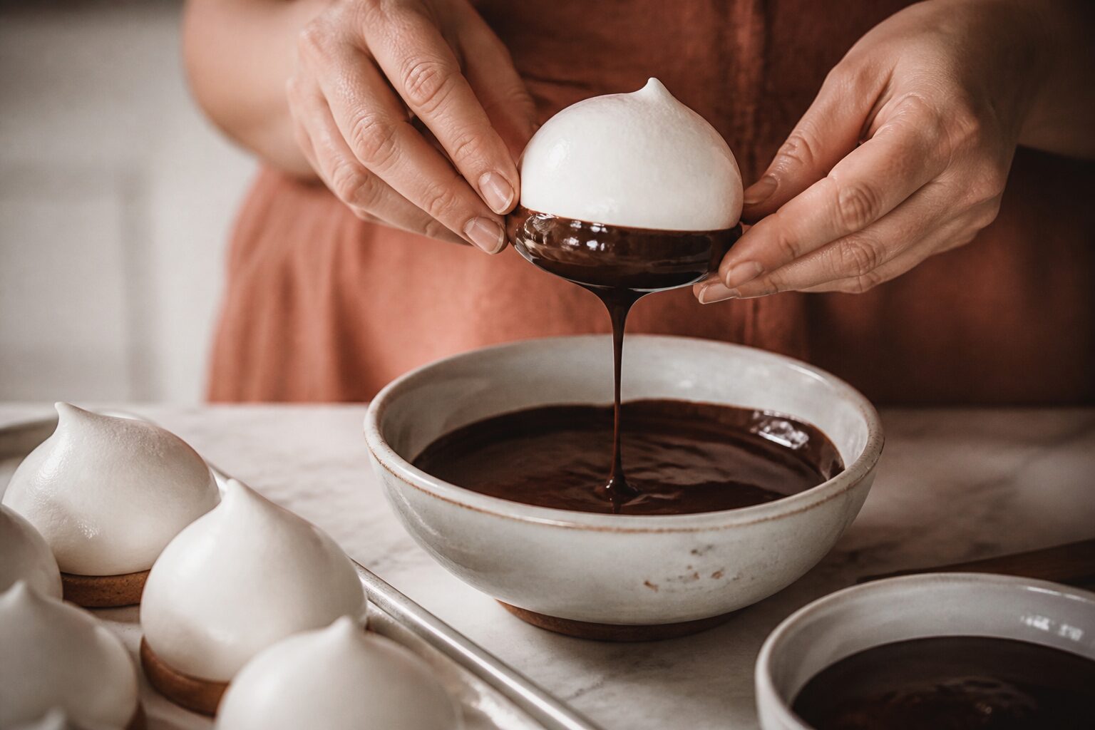 Tête au chocolat recette : dômes de meringue enrobés posés sur plaque, lumière chaude