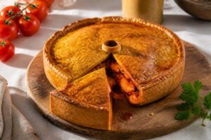 Tielle sétoise dorée au poulpe en sauce tomate, spécialité de Sète