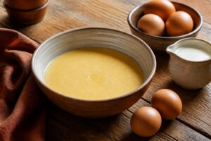 Appareil a quiche versé dans un saladier avec oeufs et crème
