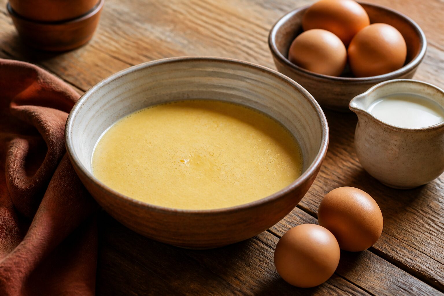 Appareil a quiche versé dans un saladier avec oeufs et crème