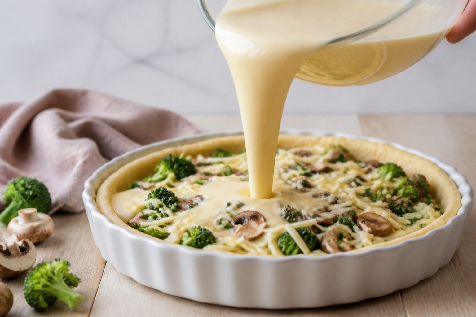 Appareil a quiche simple versé sur une garniture dans un moule