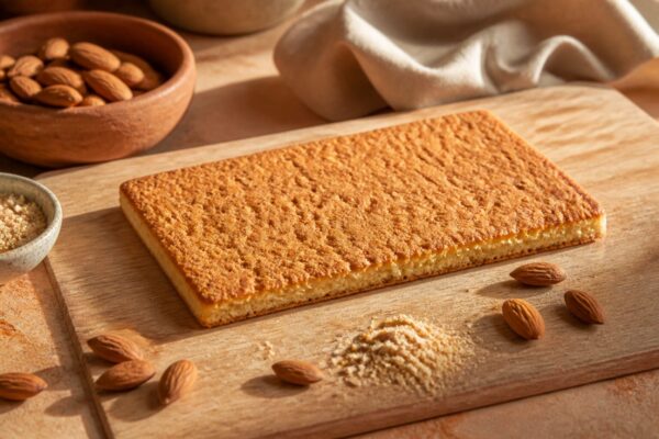biscuit joconde dore aux amandes sur planche en bois