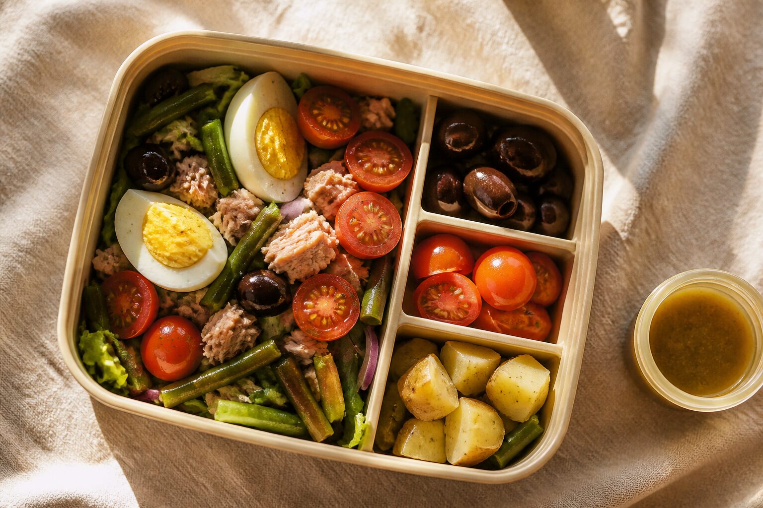 Boîte repas ouverte avec salade niçoise compartimentée, olives noires, tomates cerises et oeuf dur