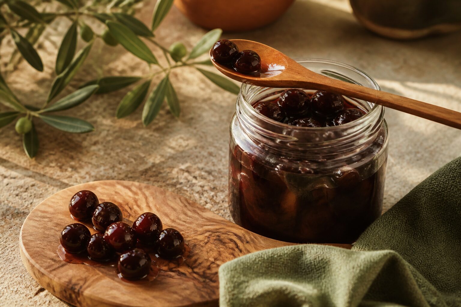 Bocal de cerises amarena ouvert avec cuillère en bois