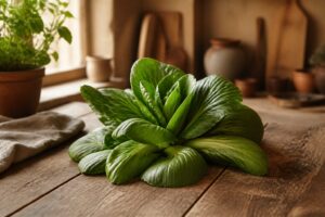Chou pak choi frais sur plan de travail en bois