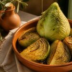 Chou pointu entier et quartiers rôtis dans un plat en terre cuite avec huile d'olive et herbes de Provence