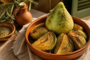 Chou pointu entier et quartiers rôtis dans un plat en terre cuite avec huile d'olive et herbes de Provence