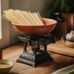 combien de grammes de pates par personne : balance de cuisine avec spaghettis dans un bol terracotta