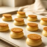 Disques de craquelin maison dorés posés sur des choux crus prêts à enfourner, lumière naturelle chaleureuse