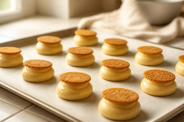 Disques de craquelin maison dorés posés sur des choux crus prêts à enfourner, lumière naturelle chaleureuse